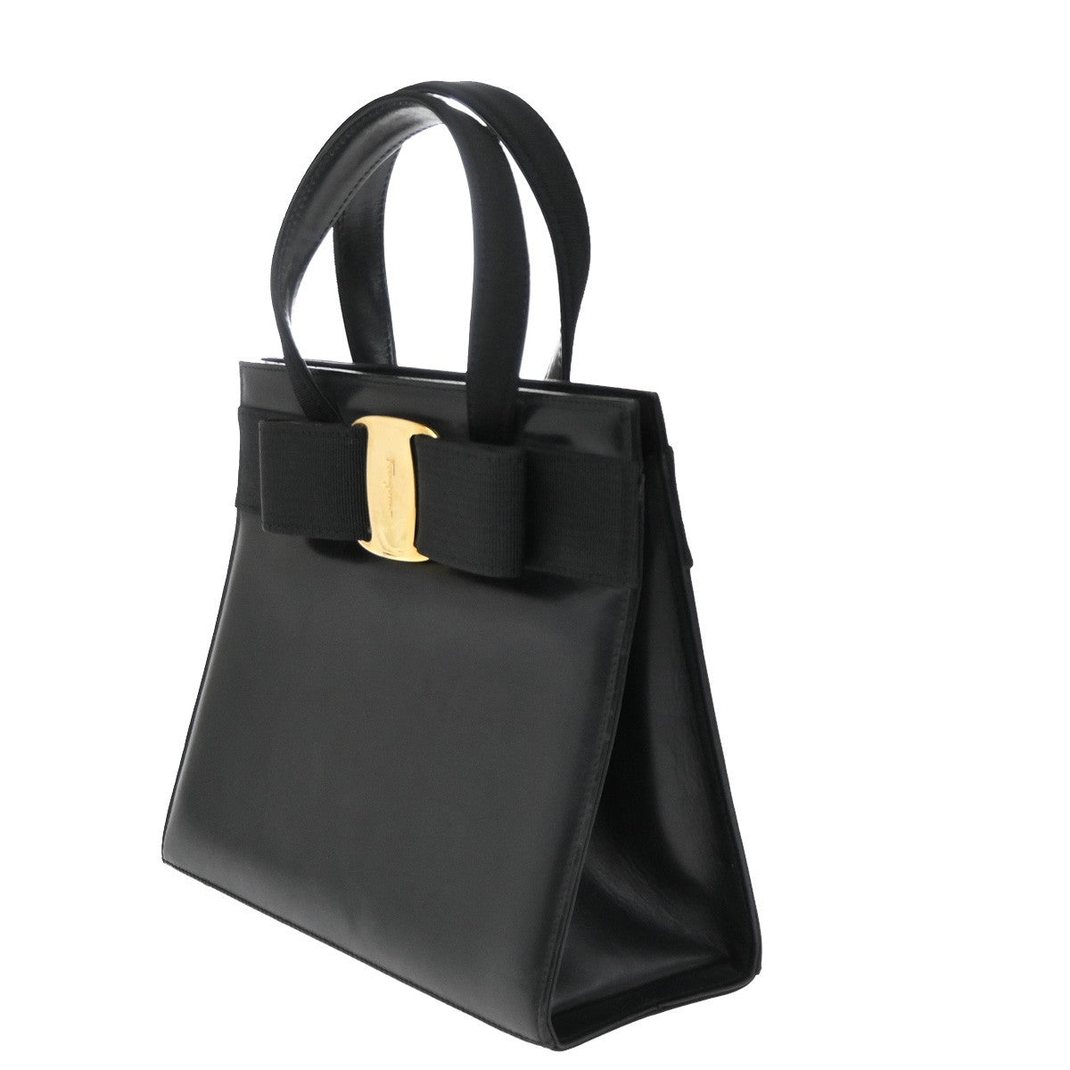 SALVATORE FERRAGAMO Logo Vara Hand Bag Canvas Leather Black Gold Italy 67KB455