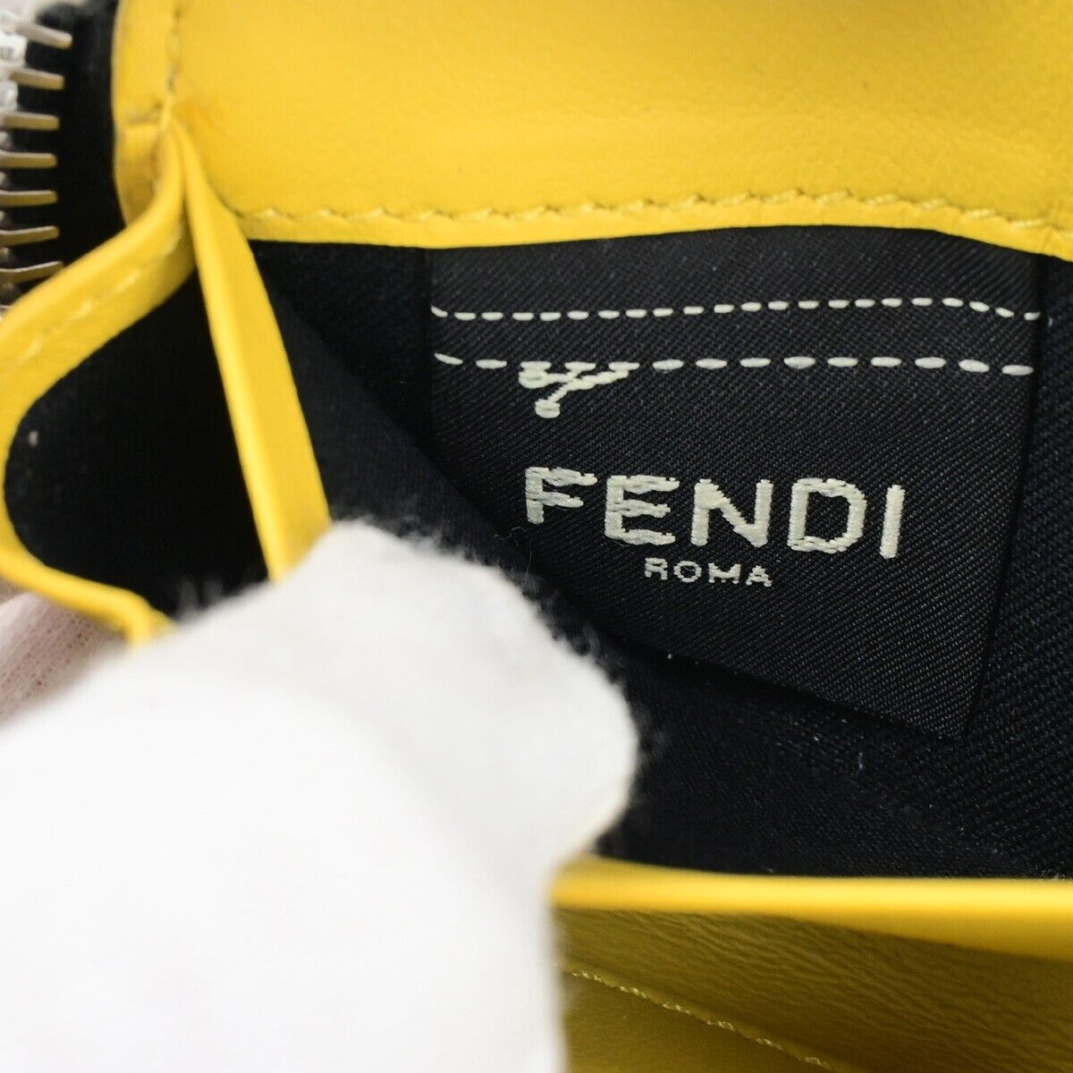 FENDI Logo Coin Case Wallet Purse Leather Black Yellow Silver Italy 36RK788