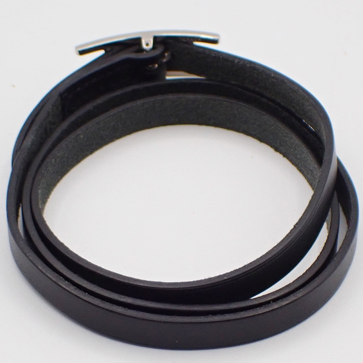 HERMES Api 3 Triple Tour Long Bracelet SHW Leather Sliver Black 67RF760