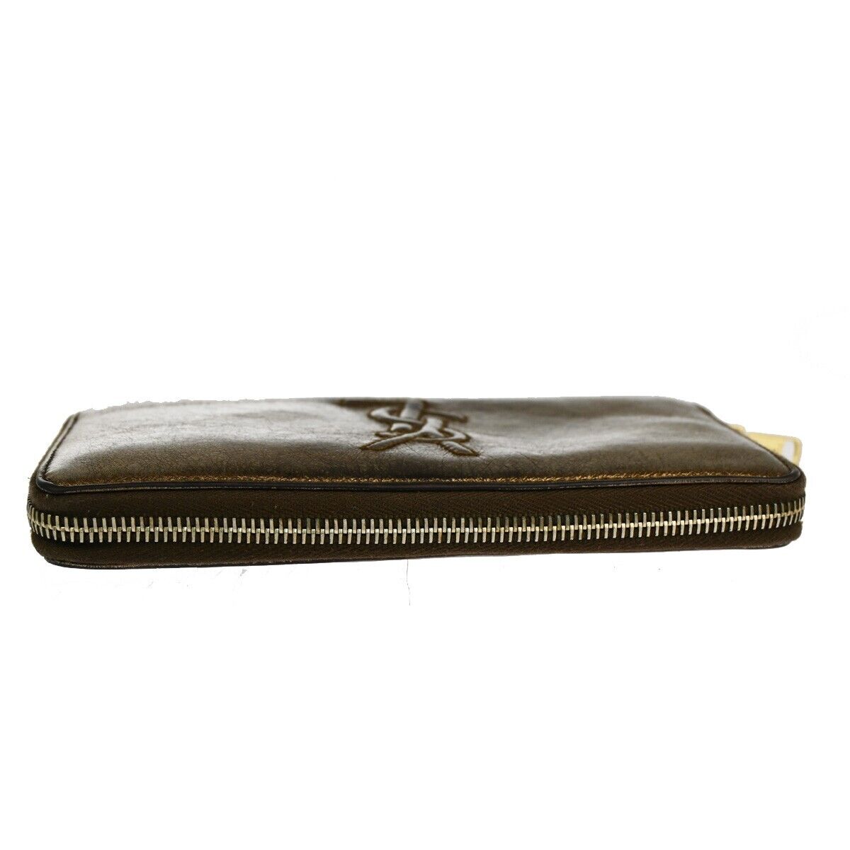 YVES SAINT LAURENT Logo Long Zipper Wallet Purse Leather Metallic Gold 07HB850
