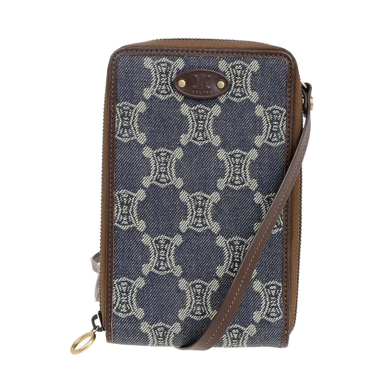 CELINE Logo Macadam Pattern Shoulder Mini,Wallet Denim Leather Blue GHW 36SJ350