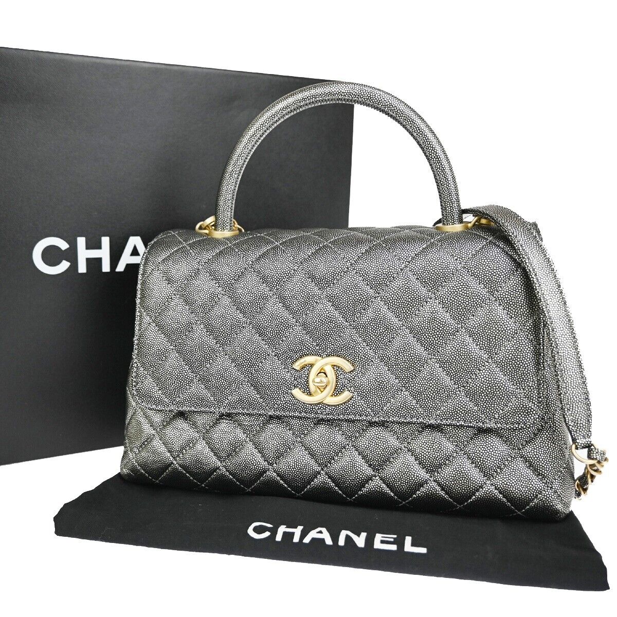 CHANEL CC Matelasse Chain 2Way Coco Handle Bag Caviar Leather Silver 162RJ302