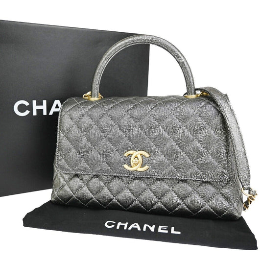 CHANEL CC Matelasse Chain 2Way Coco Handle Bag Caviar Leather Silver 162RJ302