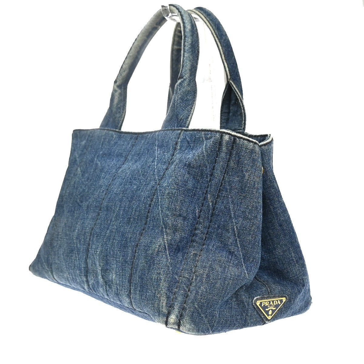 PRADA Logo Canapa Tote Hand Bag Denim Canvas Leather Blue GHW Italy 64MA590