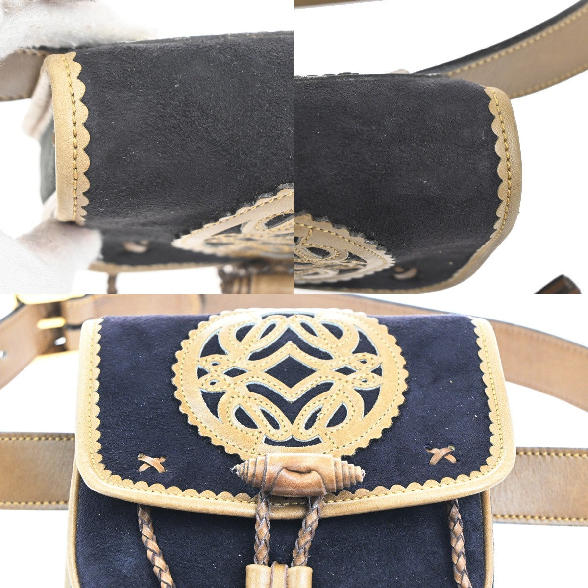 LOEWE Logo Anagram Tassel Bum Bag Size75 Suede Leather Black Beige GHW 34MA439