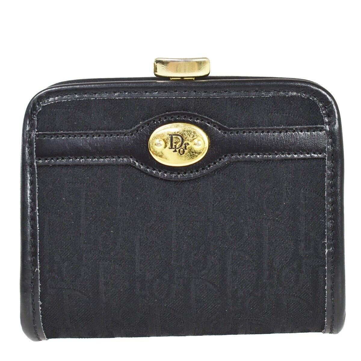 CHRISTIAN DIOR Trotter Clasp Coin Case Wallet Canvas Leather Black Gold 36JH723