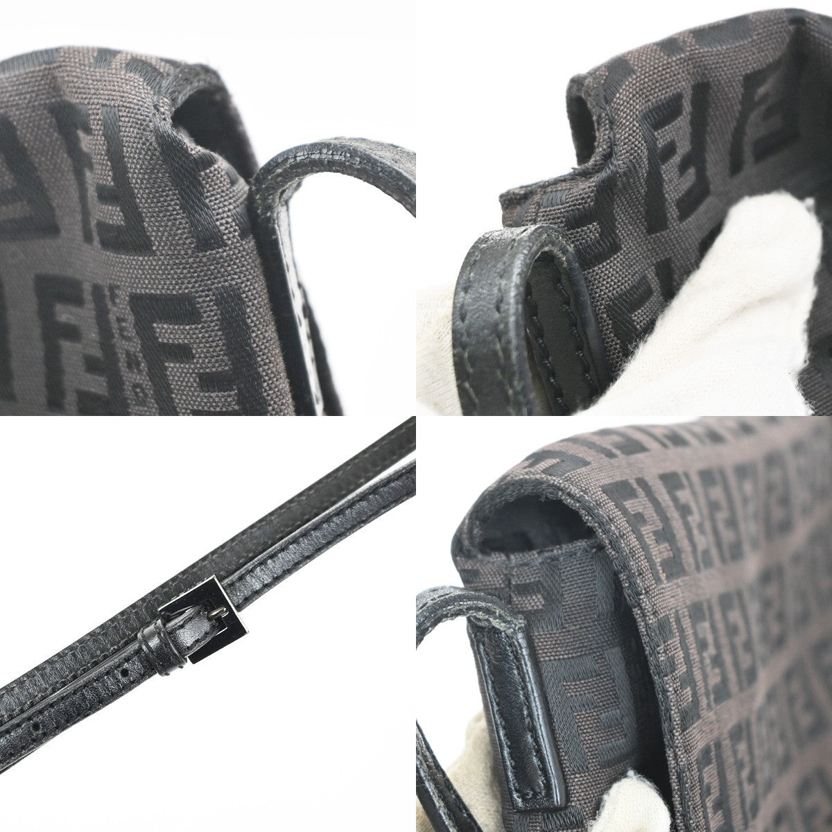 FENDI Logo Zucchino Pattern Shoulder Bag Canvas Leather BN BK Italy 38KC820