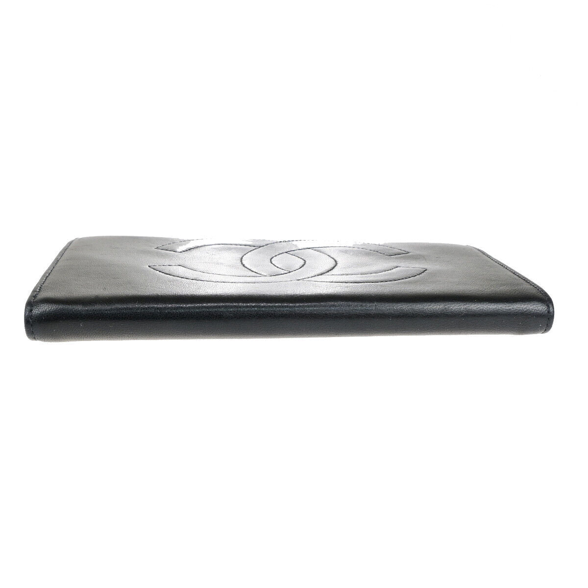 CHANEL CC Logo Long Bifold Wallet Purse Leather Black GHW Vintage 33RK743