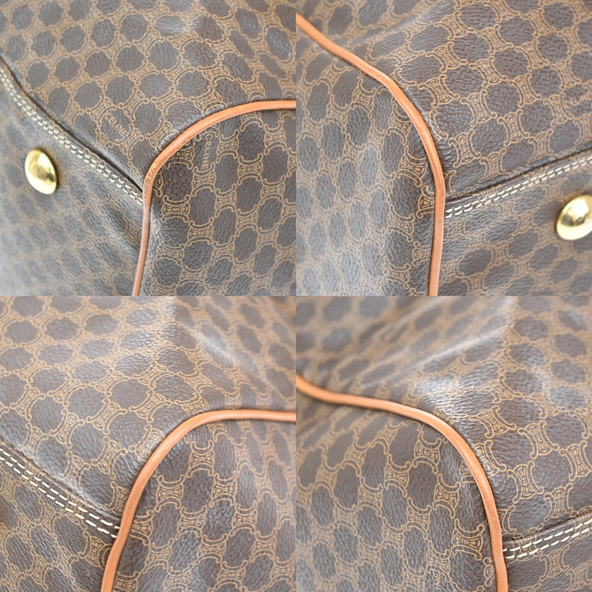 CELINE Logo Macadam Pattern Boston Hand Bag PVC Leather Brown GHW 30CA937