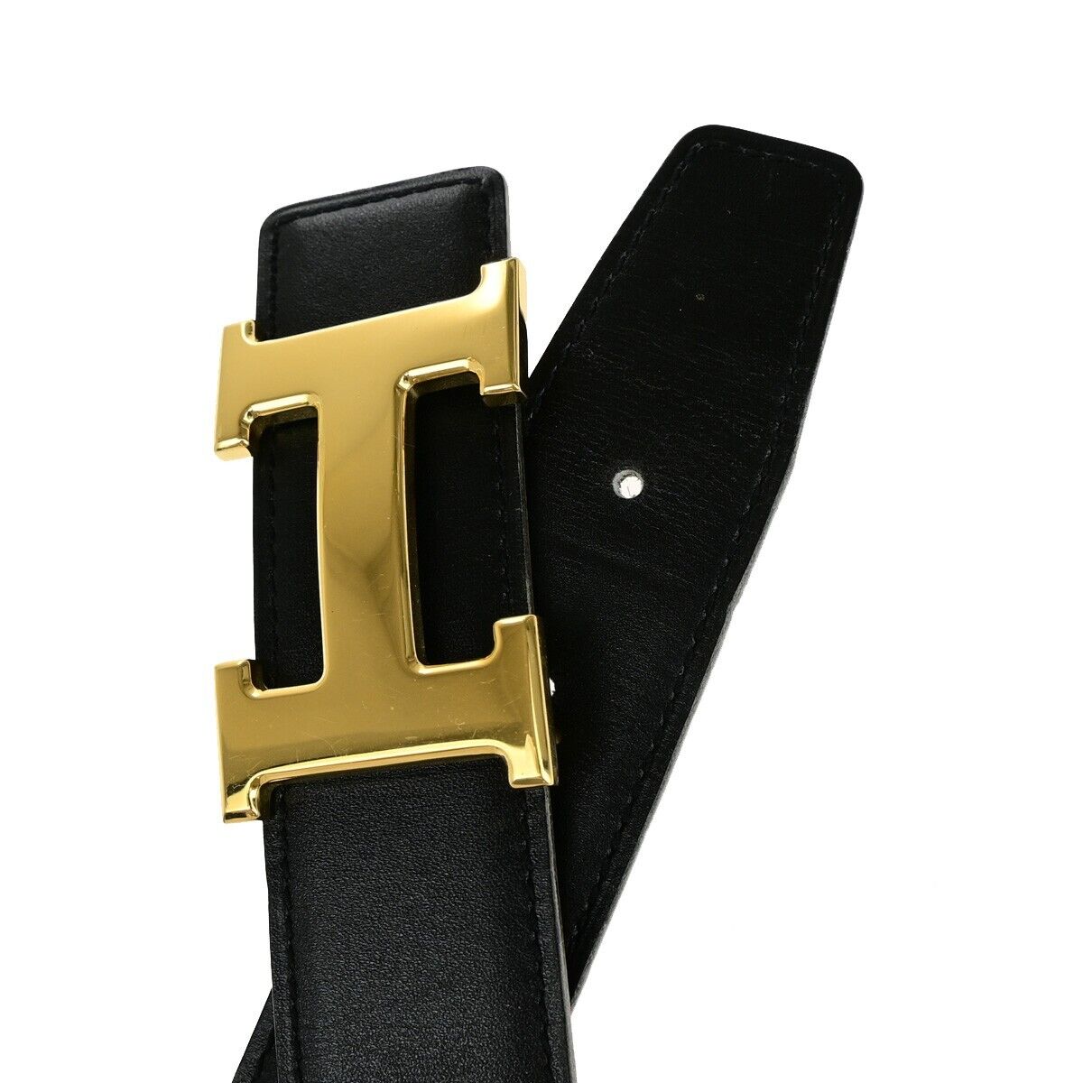 HERMES H Logo Constance Reversible Buckle Belt Leather #65 Black Brown 34YG811