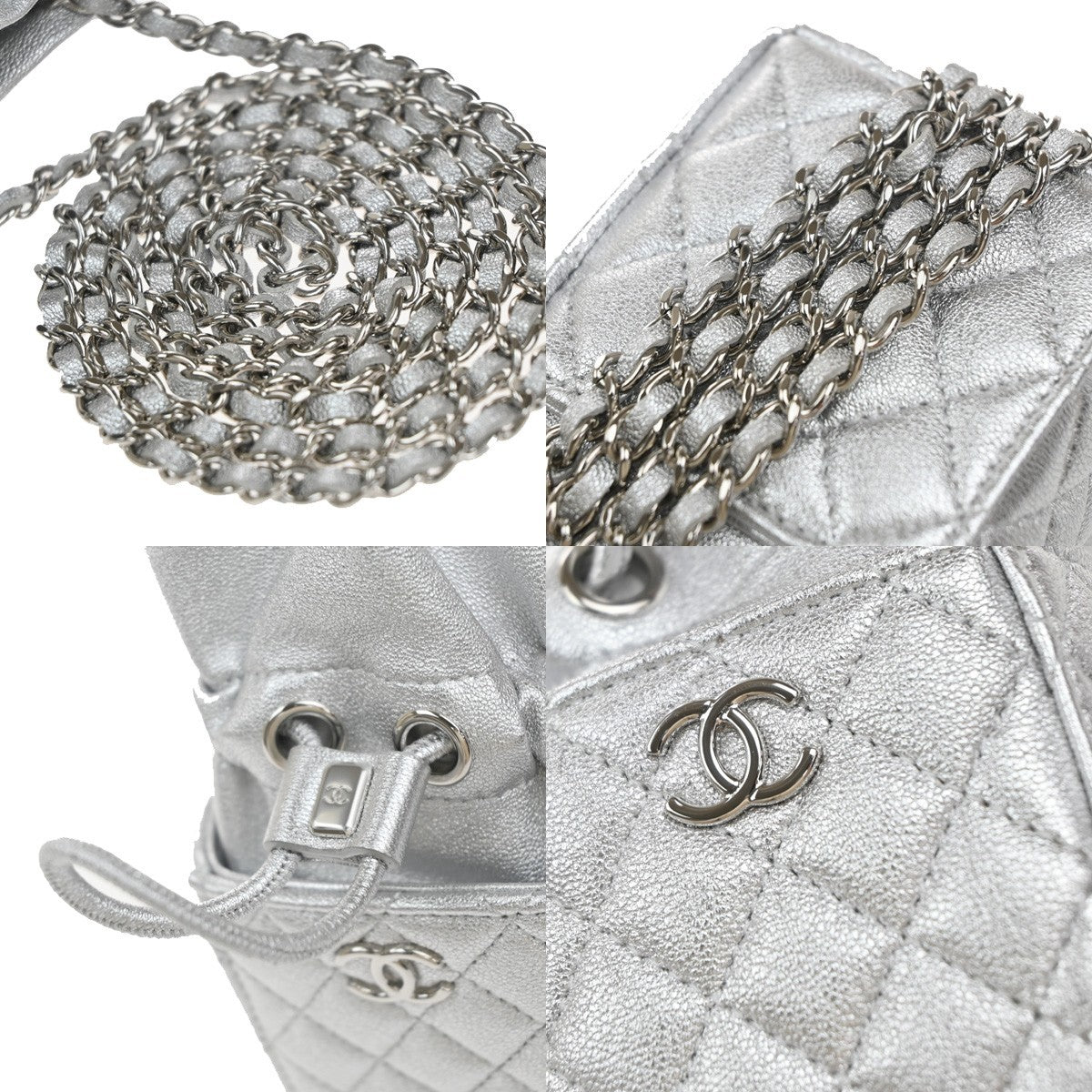 CHANEL Matelasse Drawstring Bucket Mini Shoulder Bag Leather Silver 683RP119