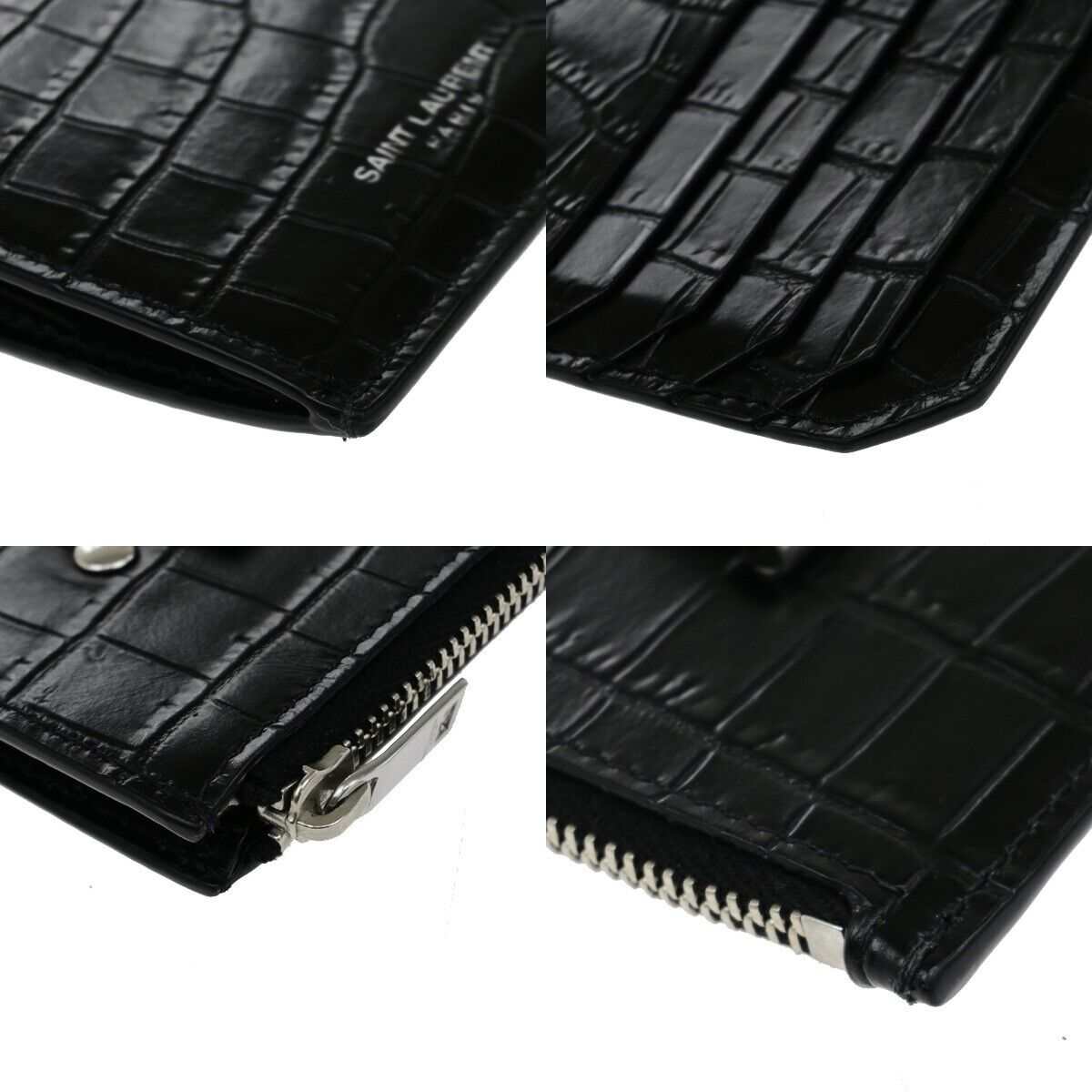 SAINT LAURENT Logo Compact Card Case Coin Wallet Embossing Leather Black 62EE084