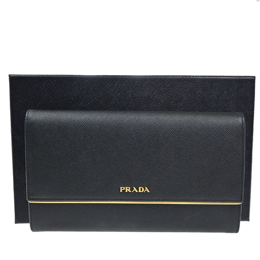 PRADA Logo Saffiano Long  Bifold Wallet Purse Leather Black SHW Italy 31KA627