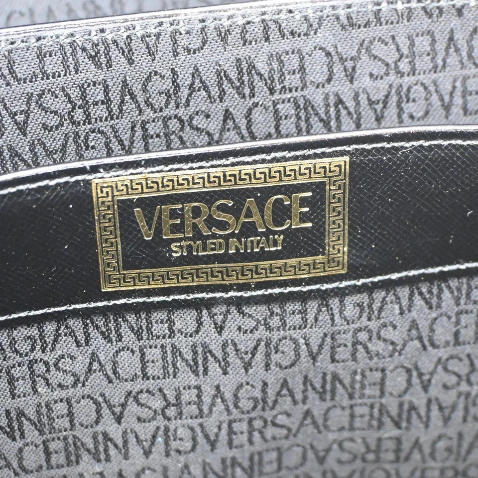 9.Live GIANNI VERSACE Sun Vanity Hand Bag Leather Black Gold-Plated 33KB766