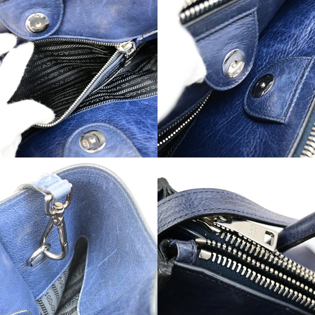 PRADA MILNO Logo 2Way Shoulder Hand Bag Leather Navy Blue Silver-Plated 10ED918