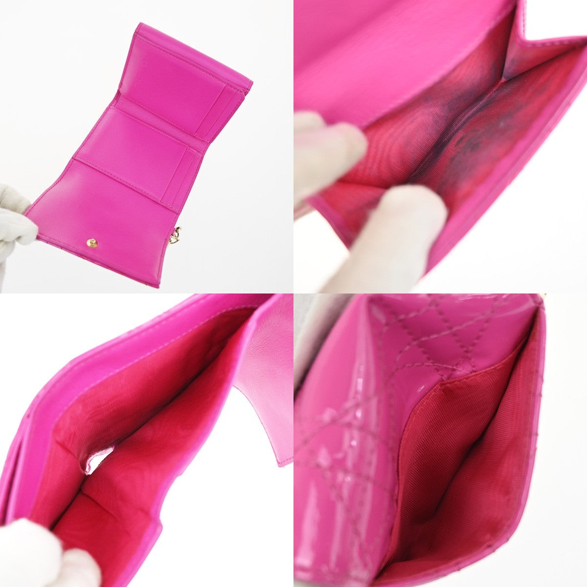 CHRISTIAN DIOR Lotus Cannage Compact Trifold Wallet Patent Leather Pink 30YJ112