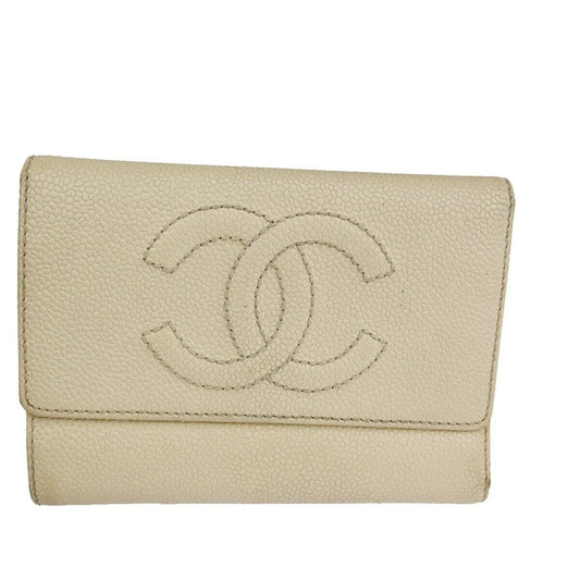 CHANEL CC Logo Trifold Wallet Purse Caviar Skin Leather Ivory Italy 62RJ490