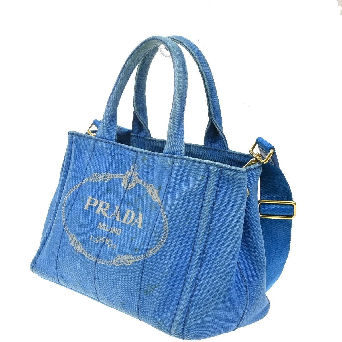 PRADA Logo CANAPA 2Way Shoulder Hand Bag Canvas Leather Blue Azzurro GHW 35KC772