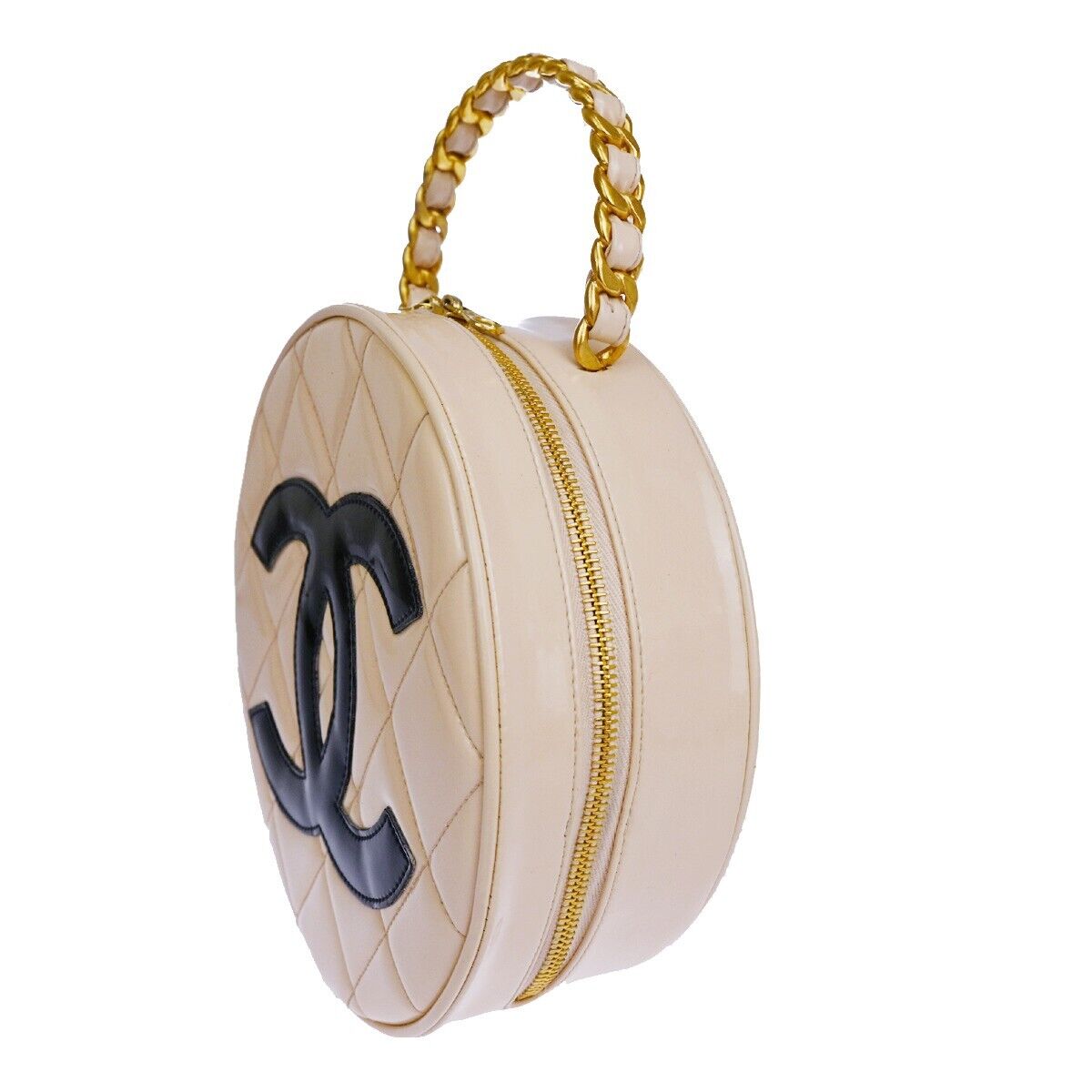 CHANEL CC Matelasse Round Vanity Chain Hand Bag Patent Leather Beige 6600LC414