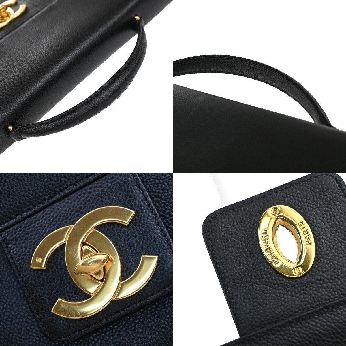 CHANEL CC Logo Business Hand Bag Grained Calfskin Leather Black GHW 375RF927