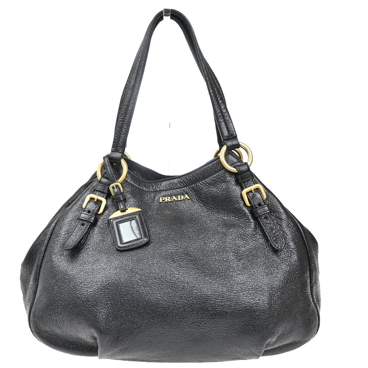 PRADA  Logo Shoulder Bag Snap Closure Leather Black Gold Italy  72TA071