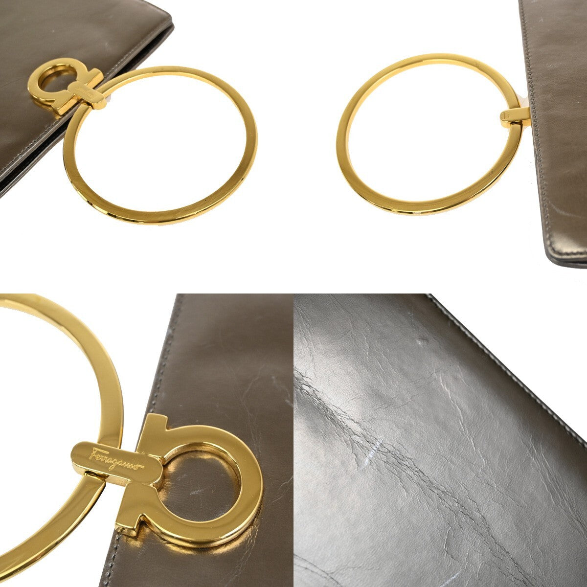 SALVATORE FERRAGAMO Gancini Metal Handle Clutch Hand Bag Leather Gold 62FB855