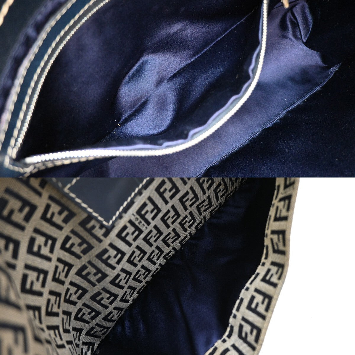 FENDI Logo Zucchino Pattern Shoulder Bag Canvas Leather Navy Blue Silver 70EE283