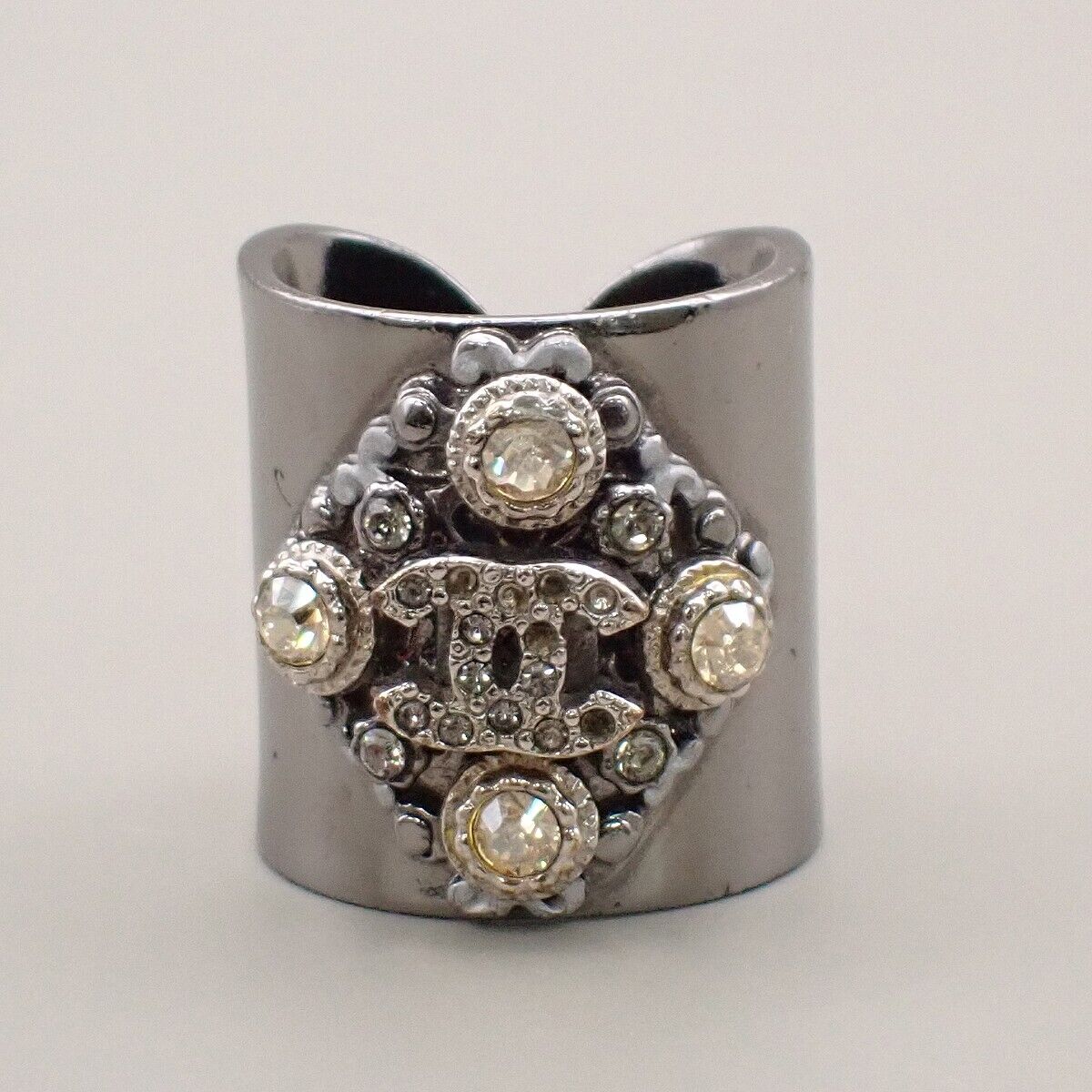CHANEL CC Logo Rhinestone Ring 06P  Silver Plated France Accessory 34YE511