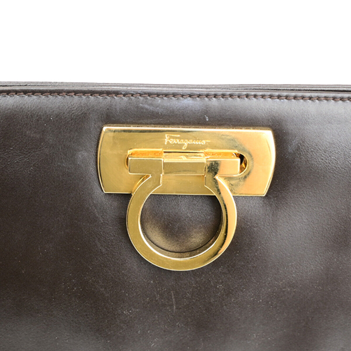 SALVATORE FERRAGAMO Gancini 2Way Chain Shoulder Clutch Bag Leather Brown 69YG017