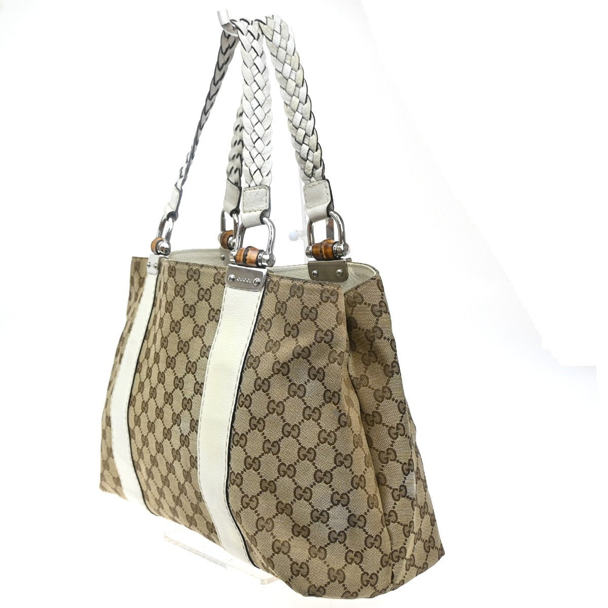 GUCCI Logo GG Pattern Hand Tote Bag Bamboo Canvas Leather Beige Italy 70CA985