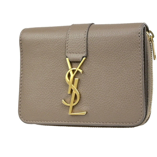 SAINT LAURENT YSL Logo Compact Bifold Wallet Purse Leather Brown 34KA400