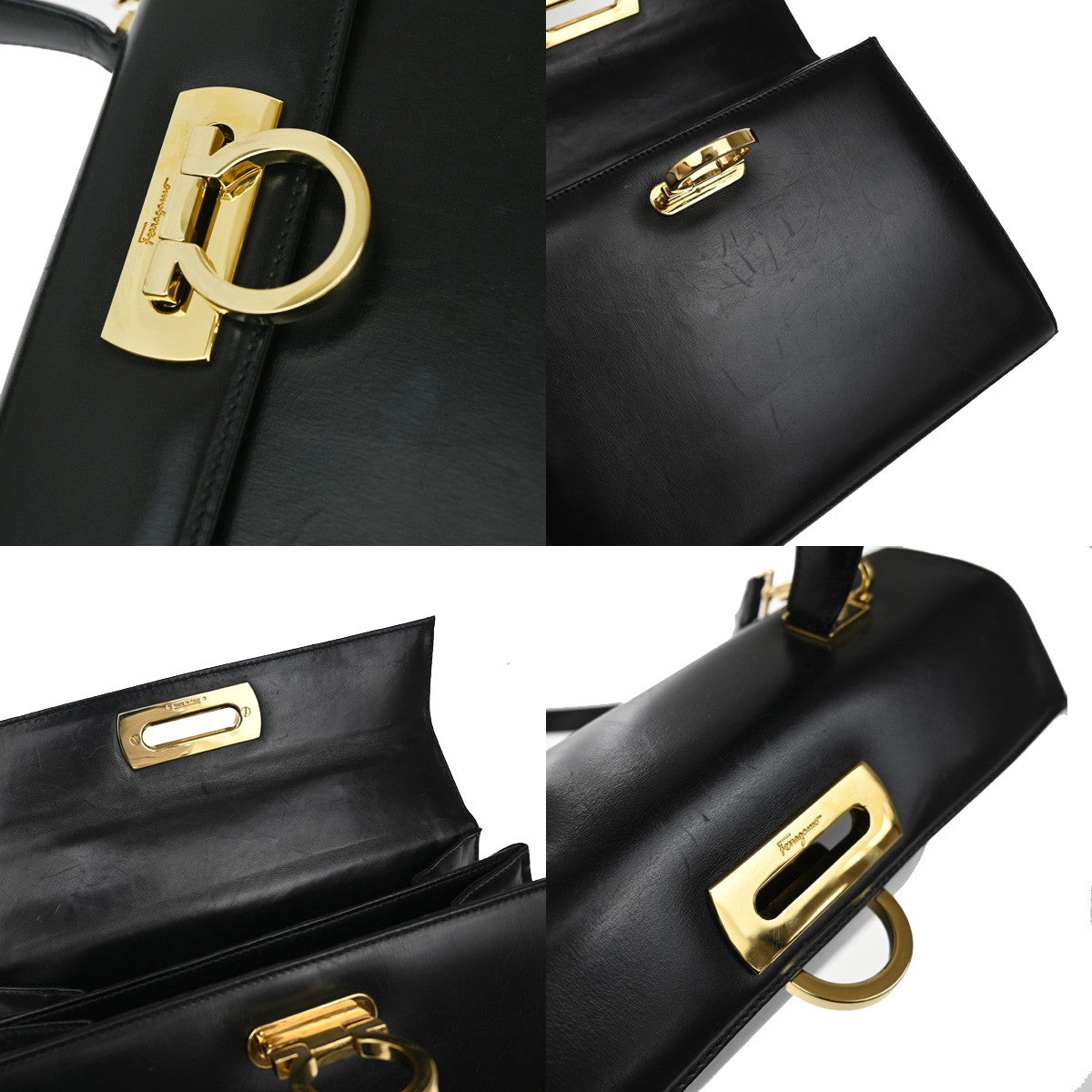 SALVATORE FERRAGAMO Gancini 2Way Shoulder Hand Bag Leather Black GHW 76RL108