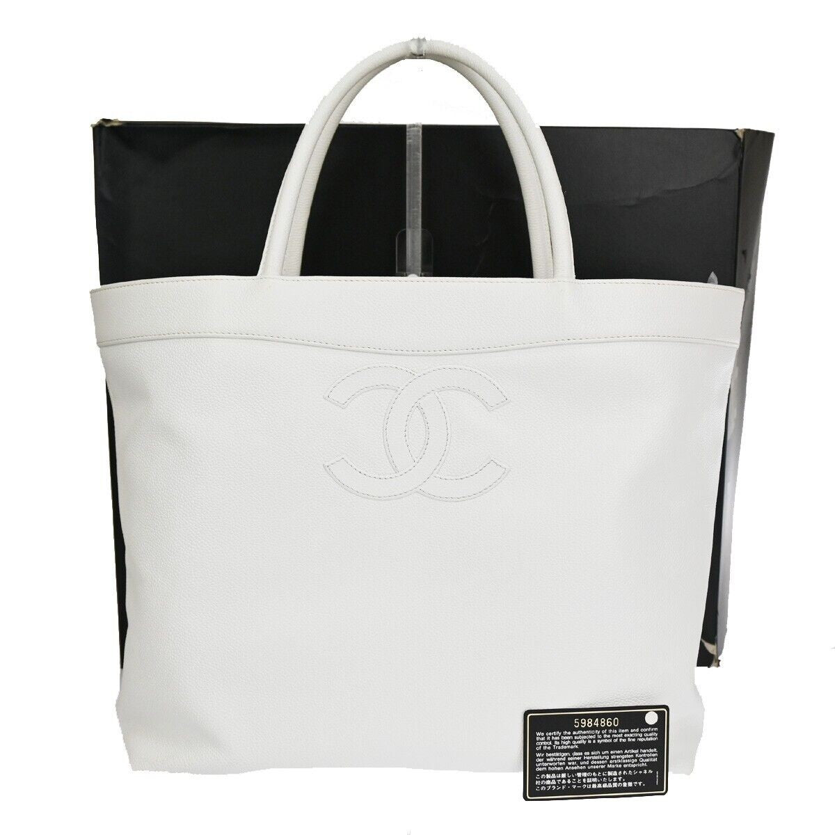 CHANEL CC Shoulder Hand Tote Bag Grained Calfskin Leather White GHW 21RJ365