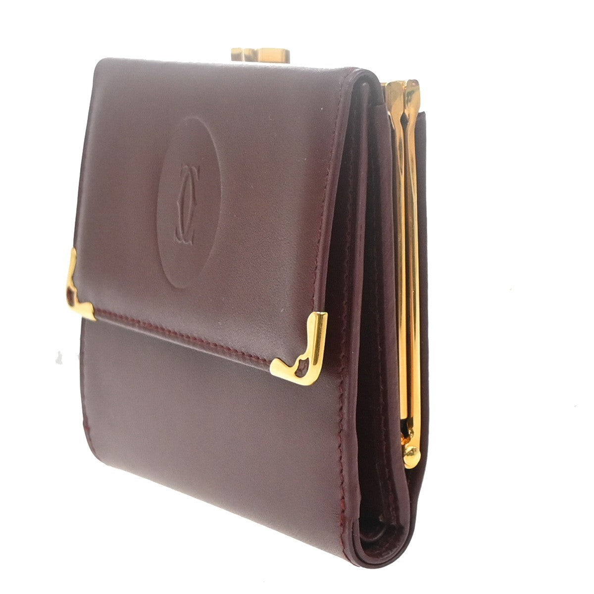 Cartier 2C Logo Trifold Compact Wallet Purse Leather Red Gold Italy 01RL879
