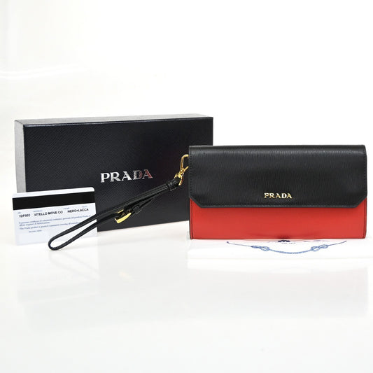 PRADA MILANO Logo Bifold Long Wallet Vitello Move Leather Black Red GHW 05DA305