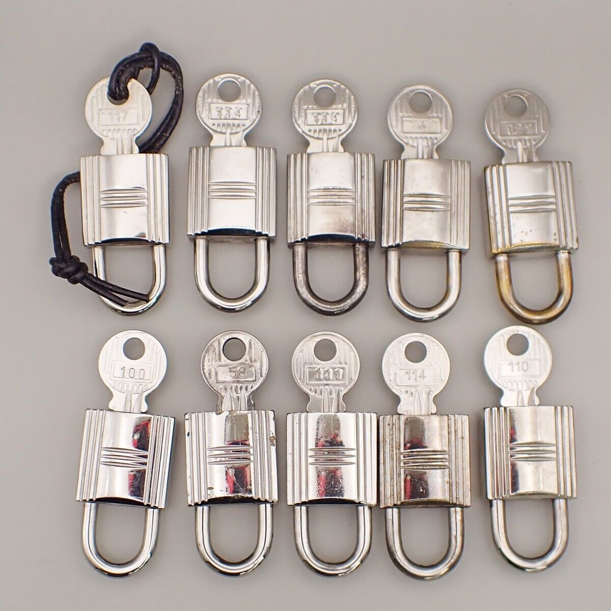 HERMES Logo 10 Set Padlock Key Bag Charm Cadena Silver-Plated Accessroy 35KA555