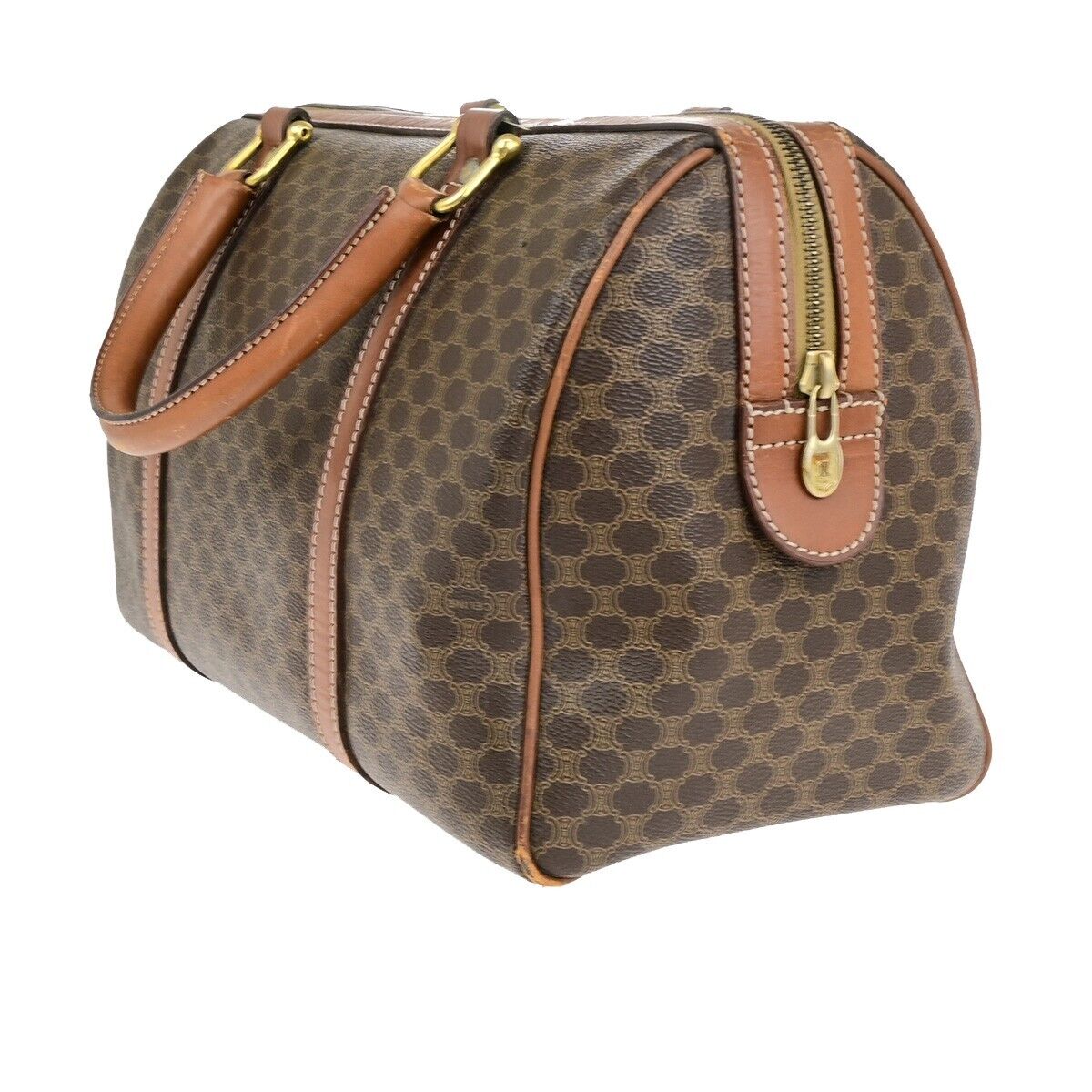 CELINE Macadam Pattern Travel Hand Bag PVC Leather Brown Gold Italy 05ED370