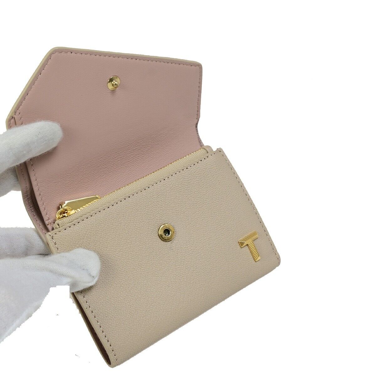 TIFFANY & CO. T Logo Trifold Wallet Purse Leather Ivory Italy 35RK257