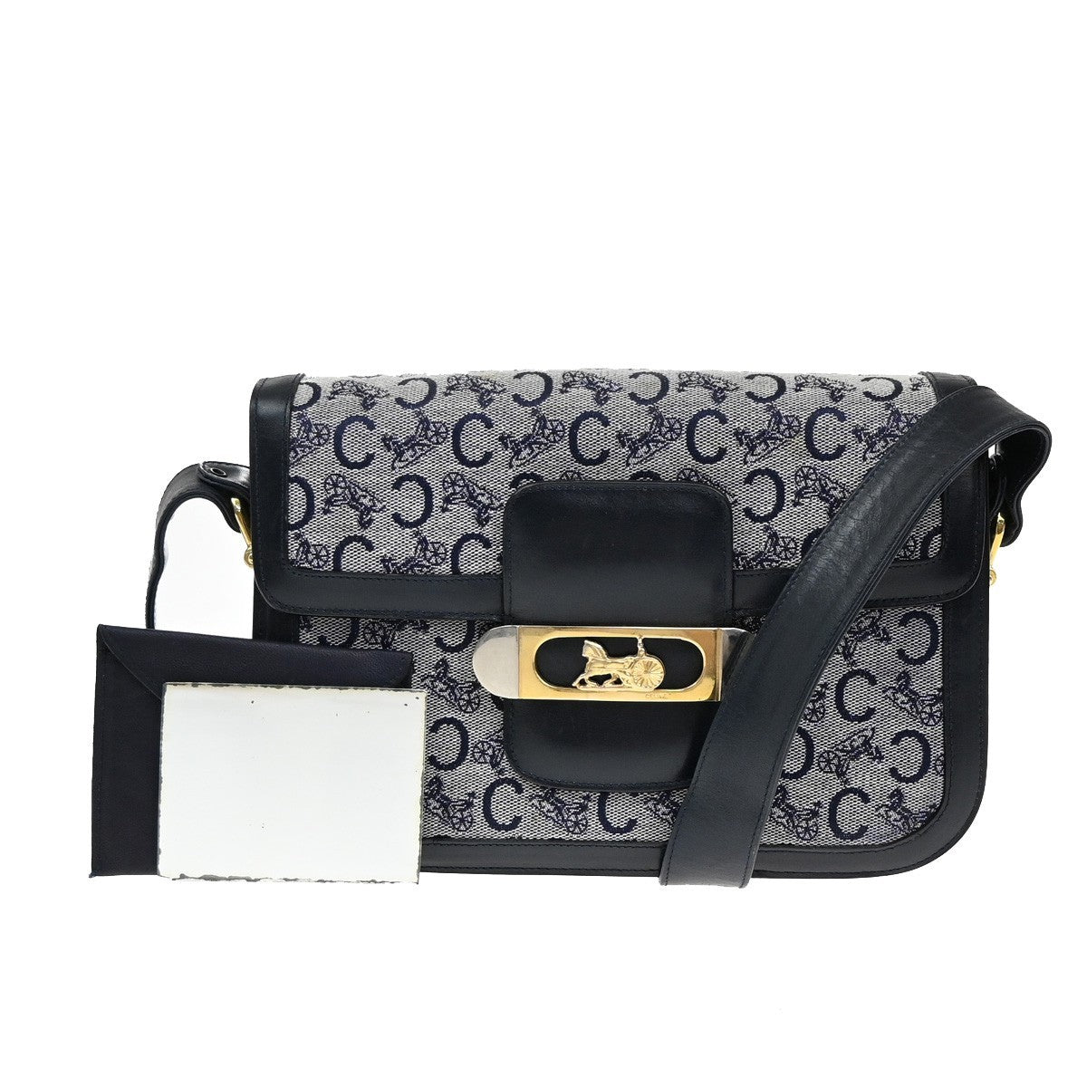 CELINE C Macadam Horse Carriage Shoulder Bag Canvas Leather Navy Blue 67EF889