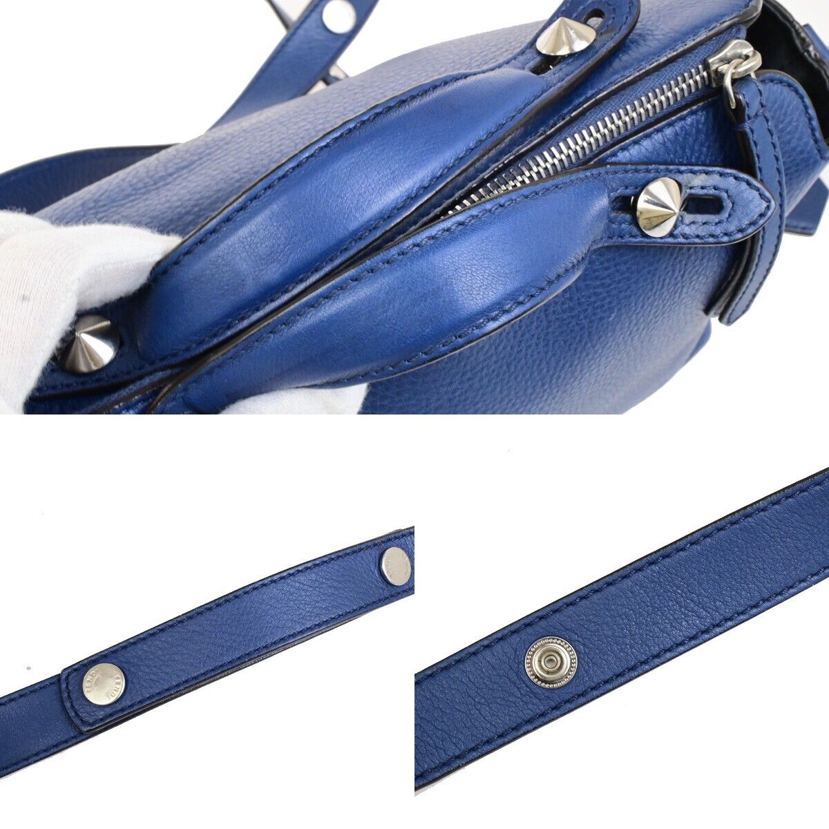 FENDI Logo By The Way 2Way Shoulder Hand Bag Leather Blue Silver Italy 88FB359