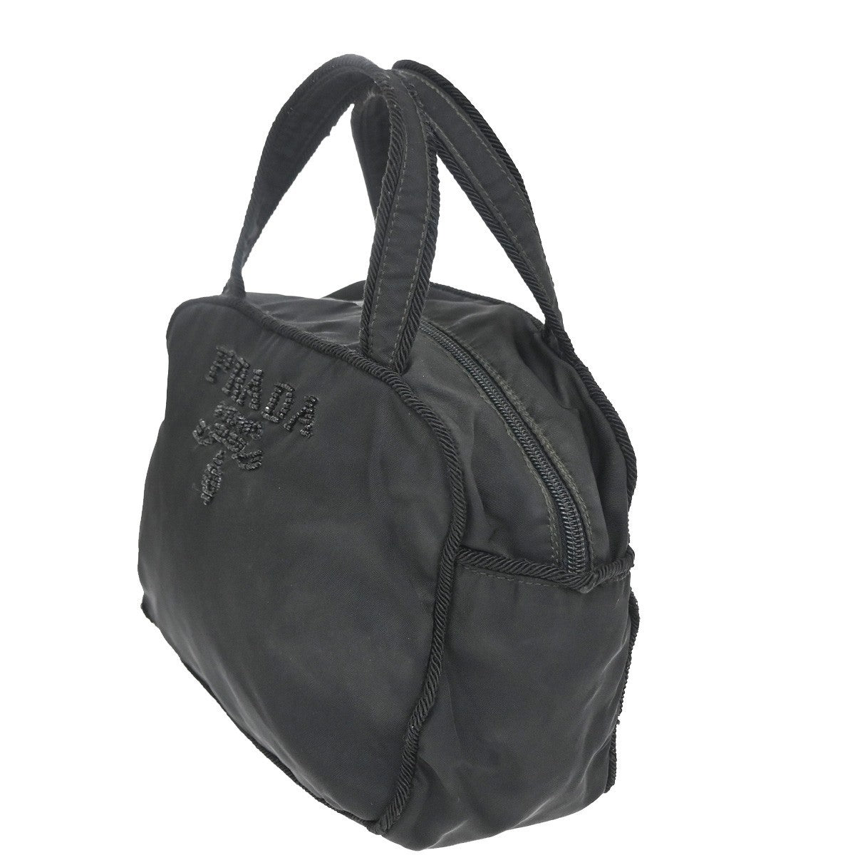 PRADA Logo Beaded Hand Bag Nylon Tessuto Leather Black Italy 09CB017
