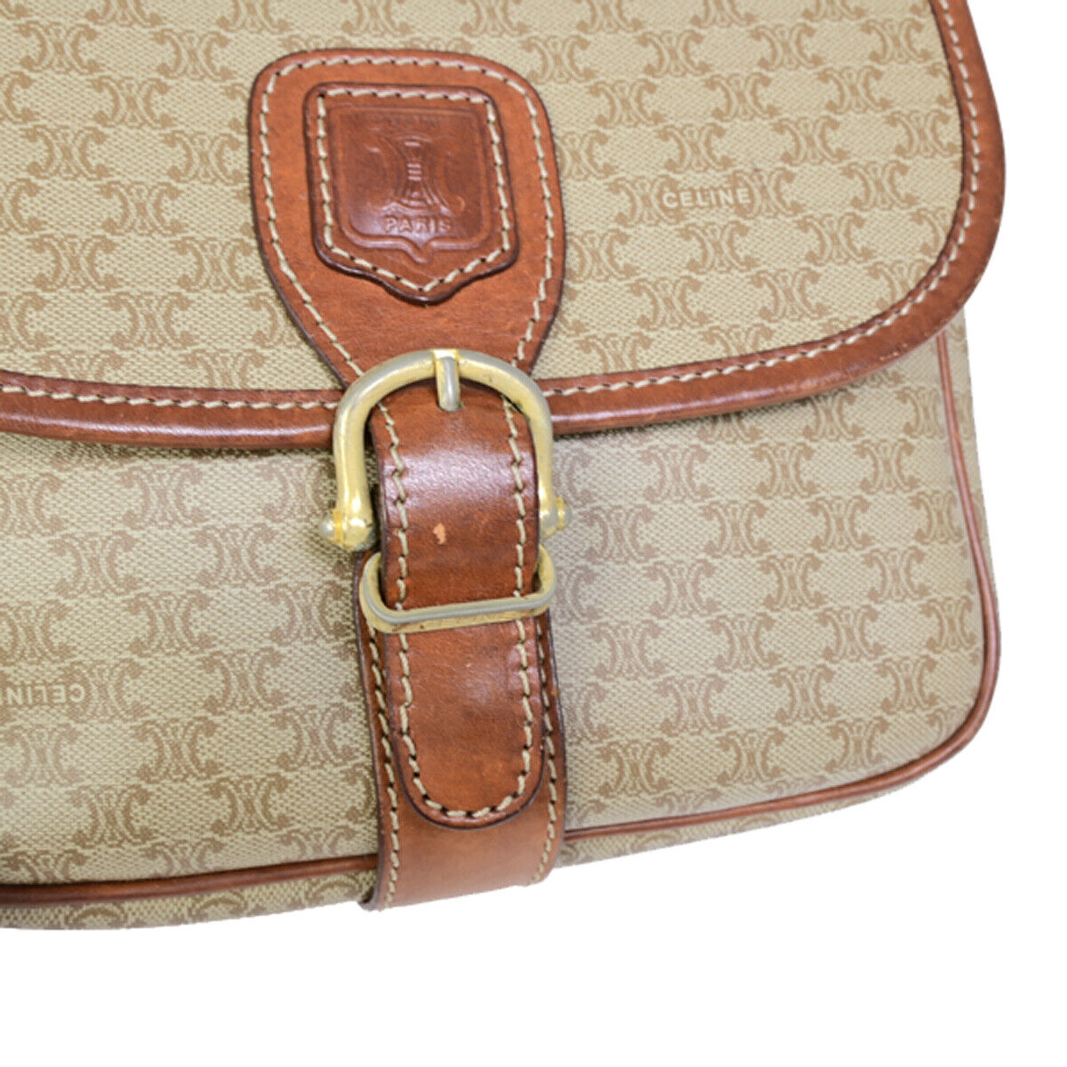 CELINE Logo Macadam Pattern Shoulder Tote Bag PVC Leather Brown GHW 30SJ064
