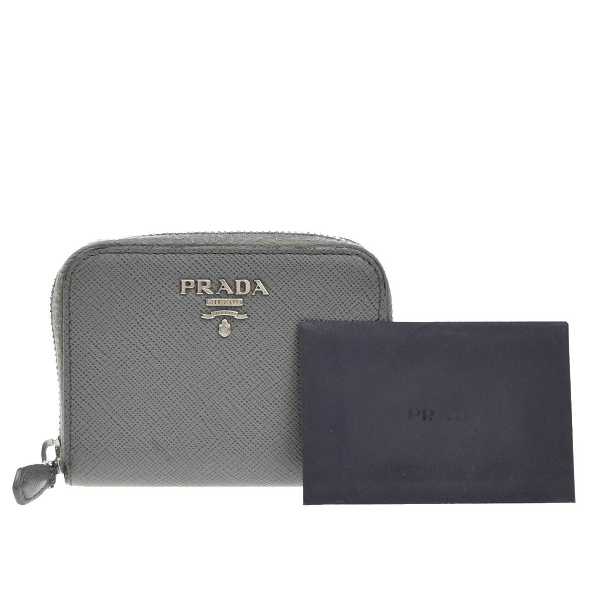 PRADA Zip Around Coin Case Compact Wallet Saffiano Leather Gray Italy 69KP577