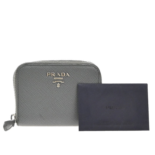 PRADA Zip Around Coin Case Compact Wallet Saffiano Leather Gray Italy 69KP577