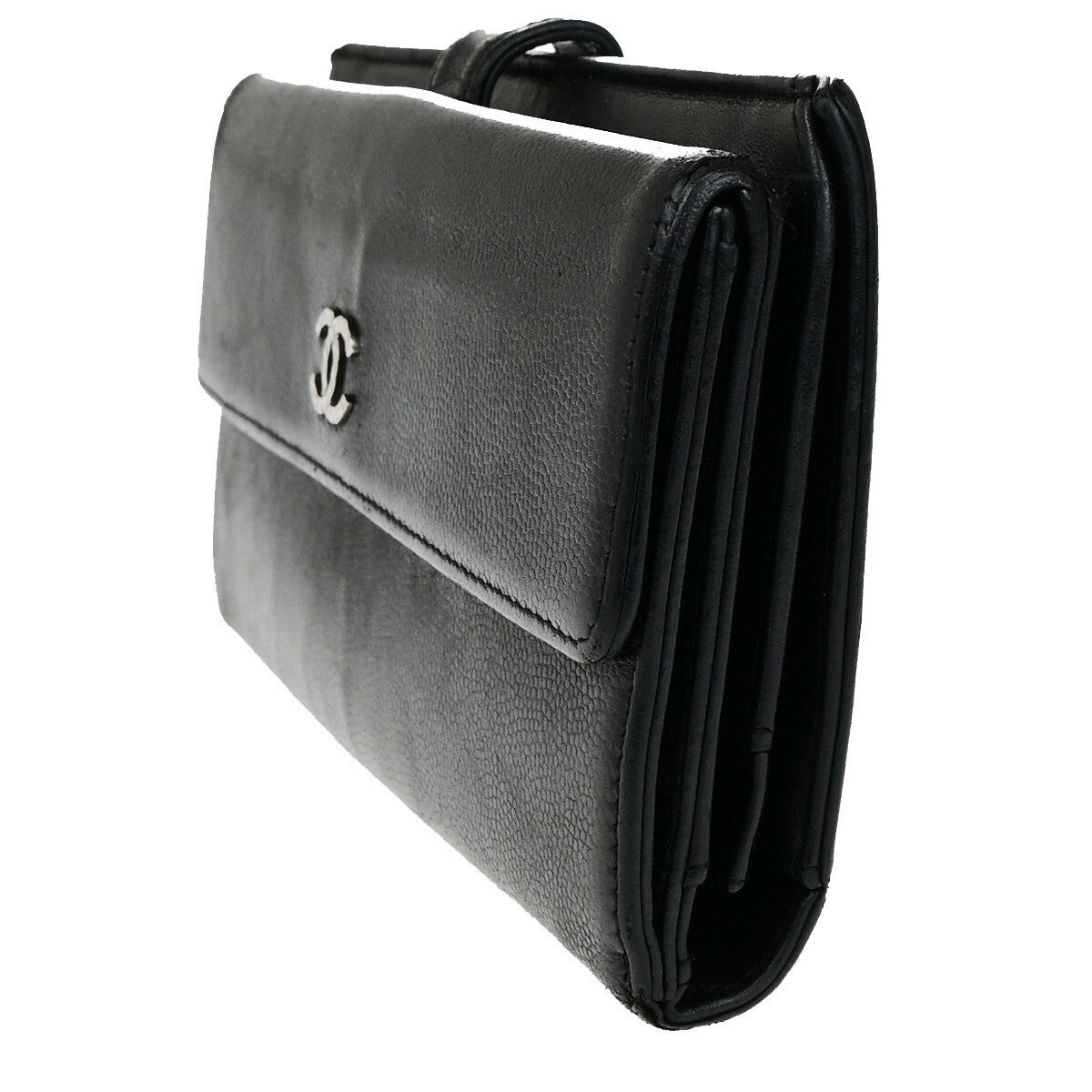 CHANEL CC Logo Falp Bifold Long Wallet Grained Leather Black SHW 35RK678