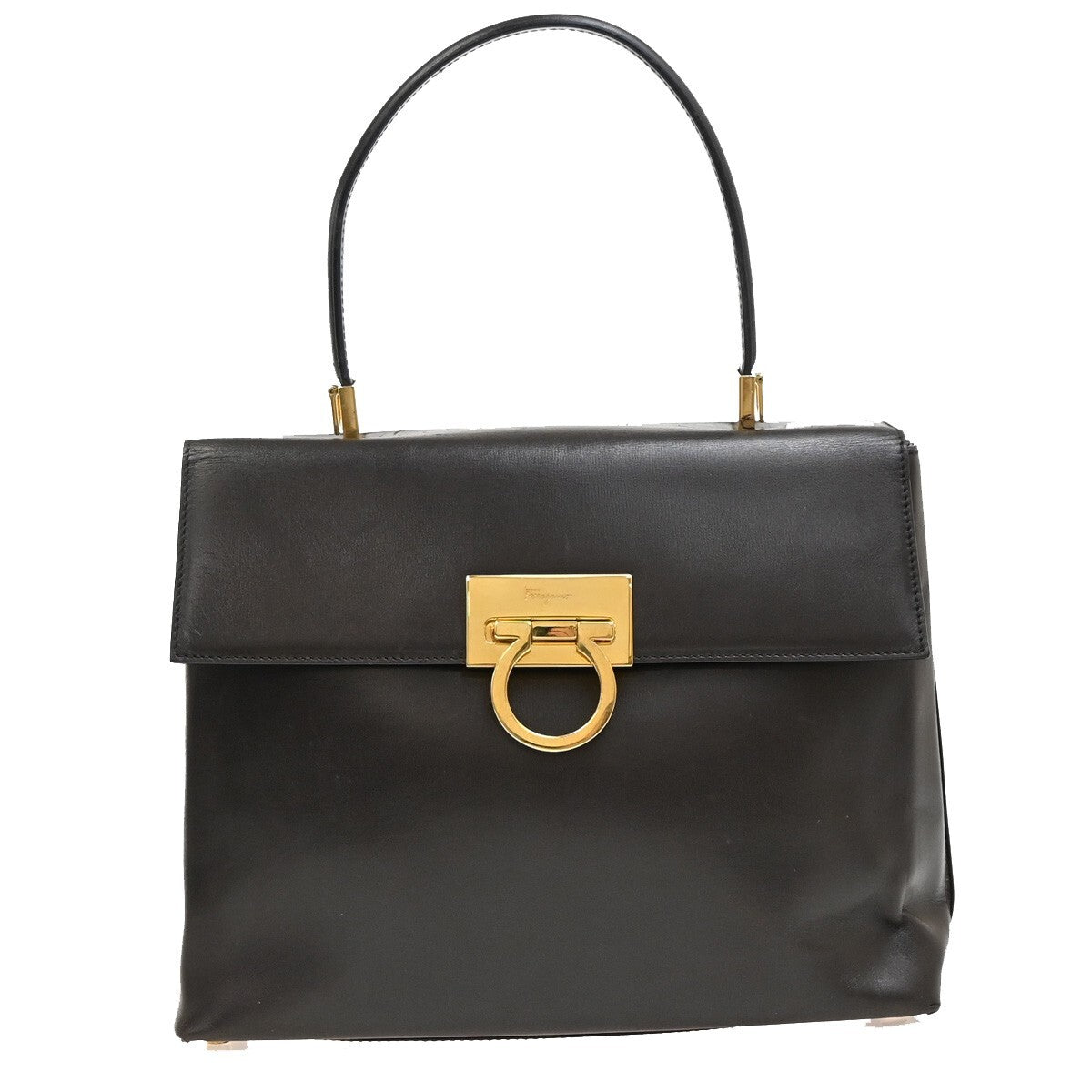 SALVATORE FERRAGAMO Logo Gancini Hand Bag Leather Brown GHW Italy 60EE943