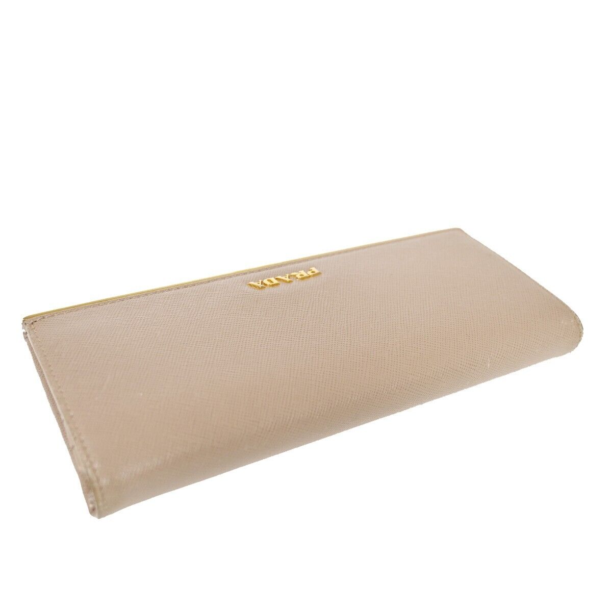 PRADA Logo Saffiano Long Bifold Wallet Purse Leather Beige Gold Italy 05SH556