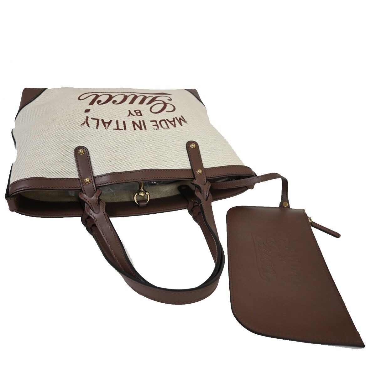 GUCCI Logo Shoulder Hand Tote Bag Pouch Canvas Leather Brown Gold Italy 72YD994