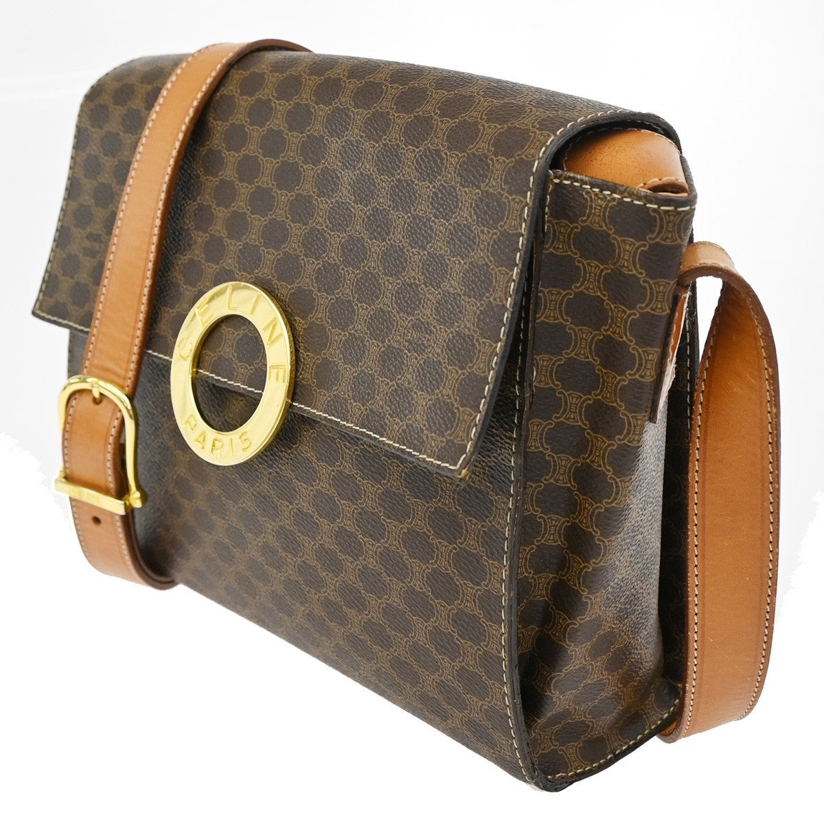 CELINE Macadam Circle Logo Shoulder Bag PVC Leather Brown GHW 88TA110