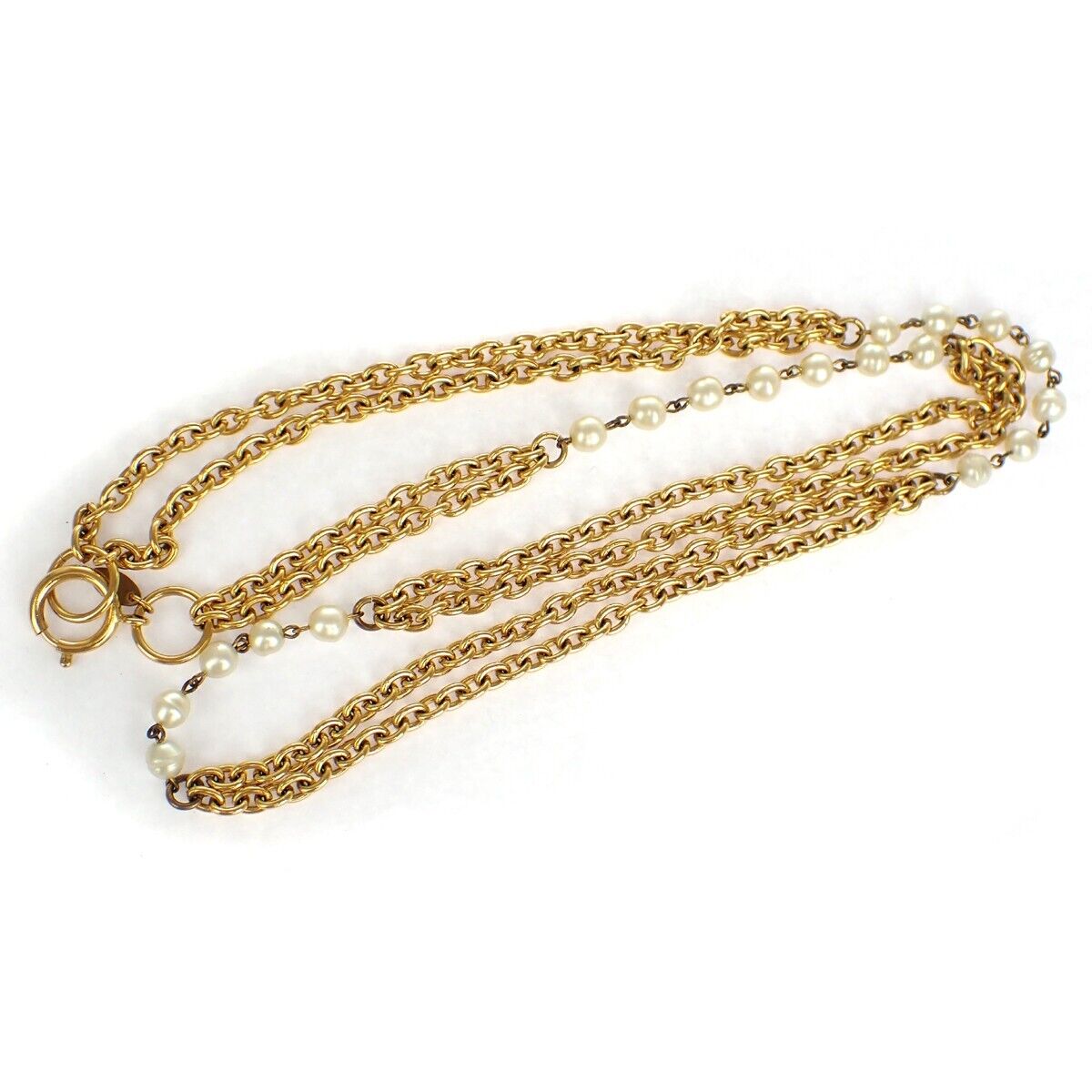 CHANEL Logo Long Chain Imitation pearl Pendant Necklace GHW Vinatge 73RJ487